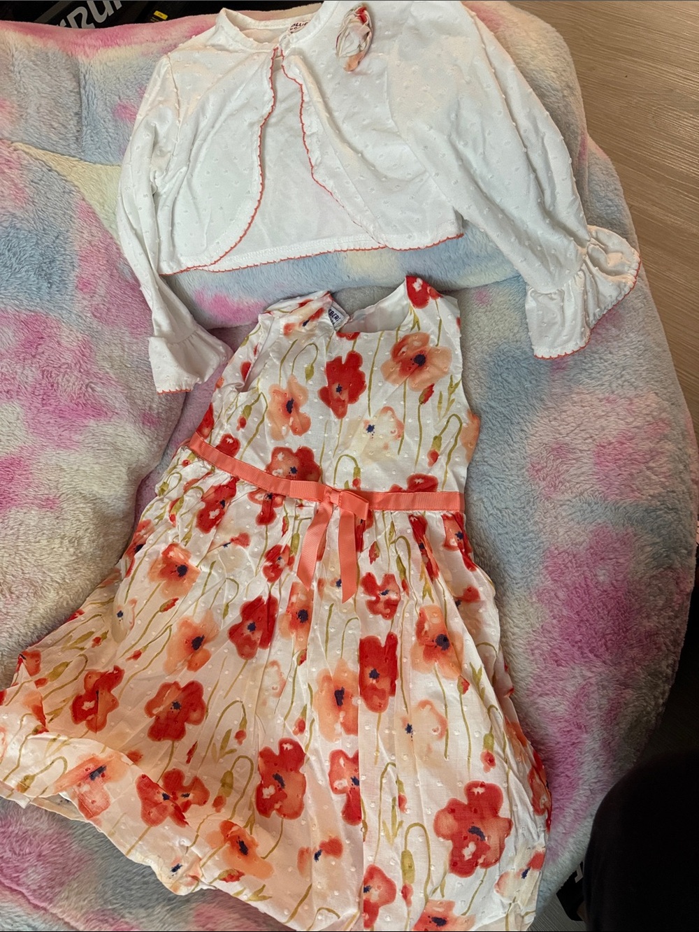 Blueberi Boulevard White Dress with Coral Floral Print and Coral Ribbon